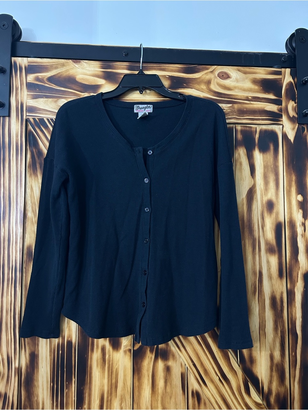 Wrangler Black Ribbed Button-Front Long Sleeve Top
